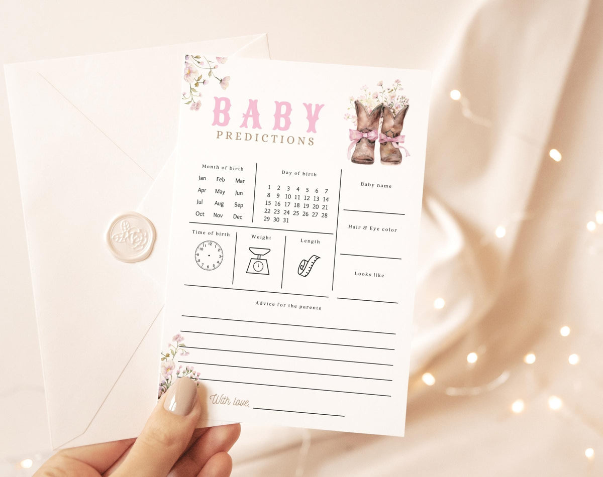Editable details of cowgirl baby shower baby predictions game card