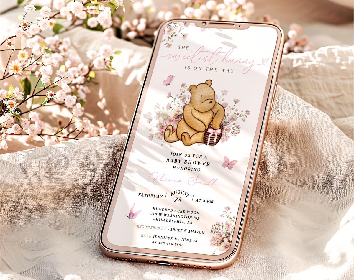 teddy bear, pink and boho baby shower invite for a personalized celebration