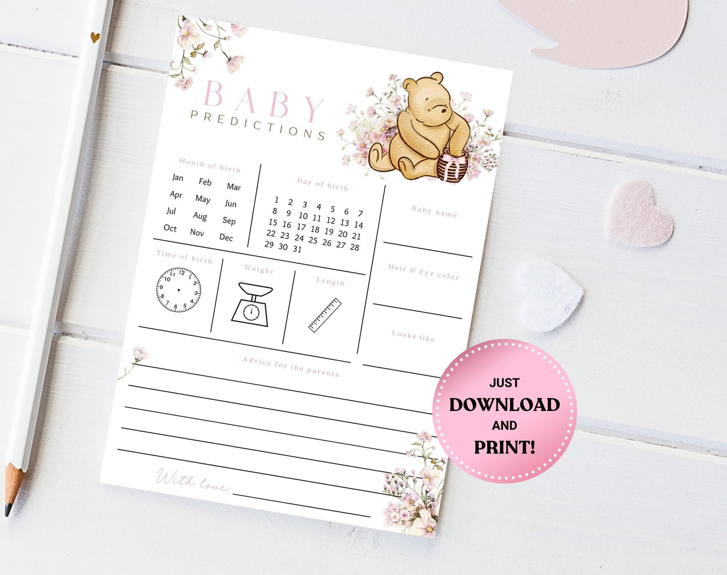 Baby Shower Baby Predictions Card - Winnie the Pooh for baby shower party decor and supplies