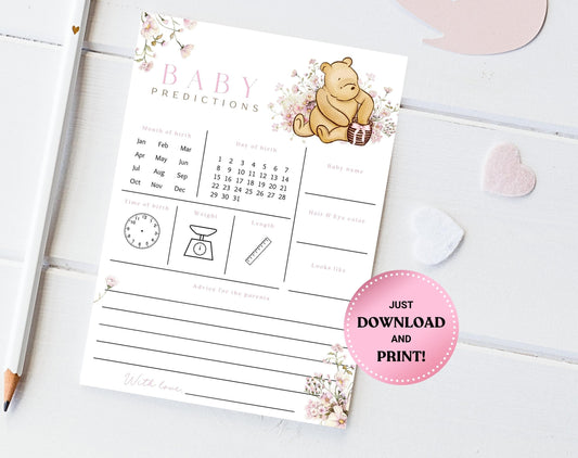 Baby Shower Baby Predictions Card - Winnie the Pooh for baby shower party decor and supplies