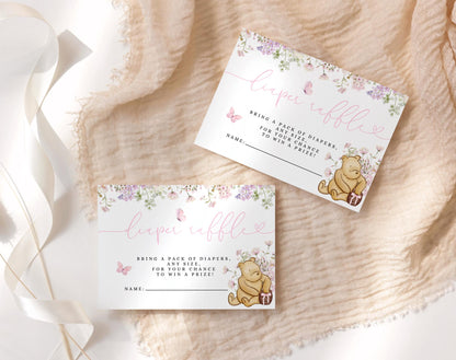 Pink Pooh Baby Shower Diaper Raffle Ticket, editable Canva template