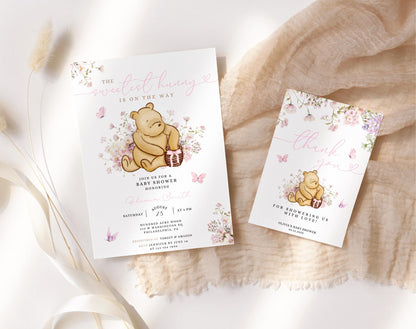 Pink Pooh Baby Shower Invitation Set, editable Canva template