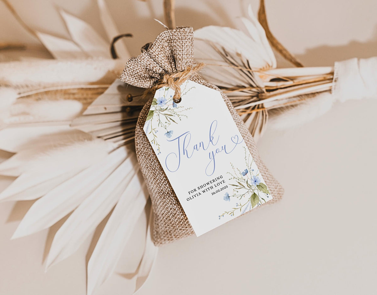 Blue Wildflower Baby Shower Invitation Set, editable Canva template