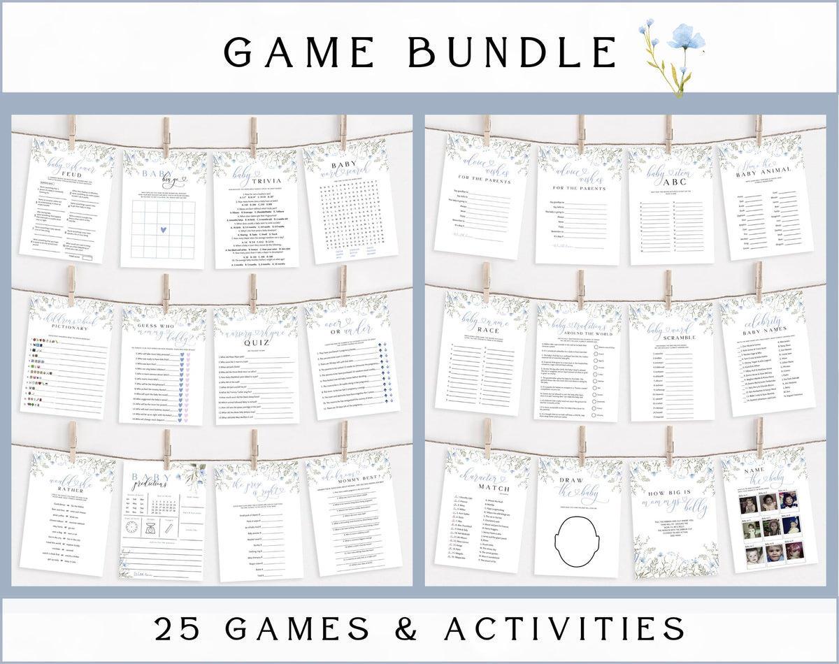 Preview of 25 blue wildflower baby shower games and activities
