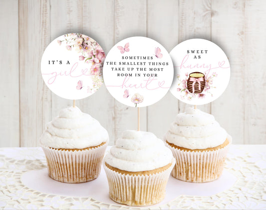 teddy bear, boho and pink baby shower cupcake topper template for printable decor