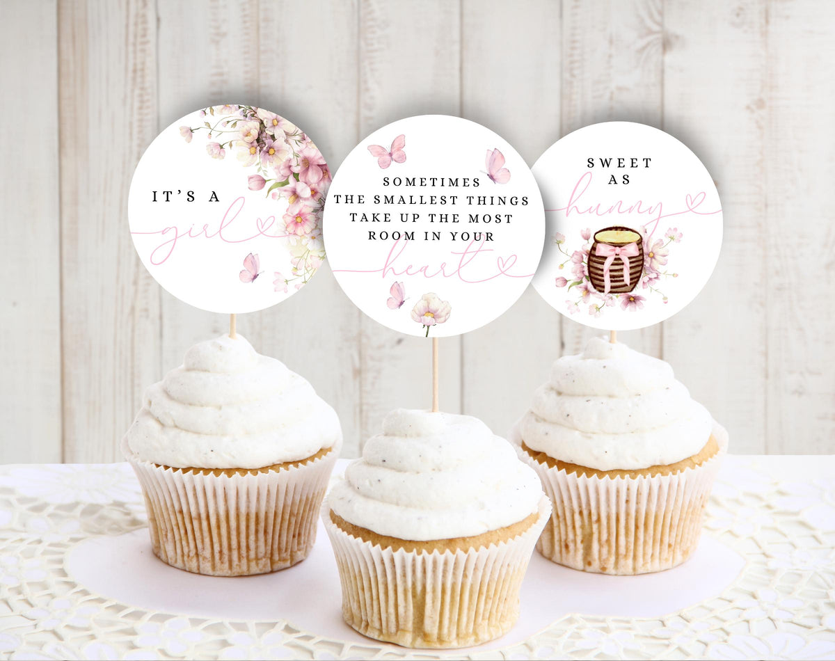 teddy bear, boho and pink baby shower cupcake topper template for printable decor