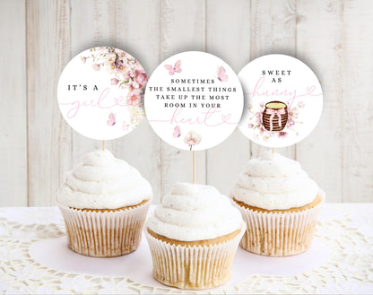teddy bear, boho and pink baby shower cupcake topper template for printable decor
