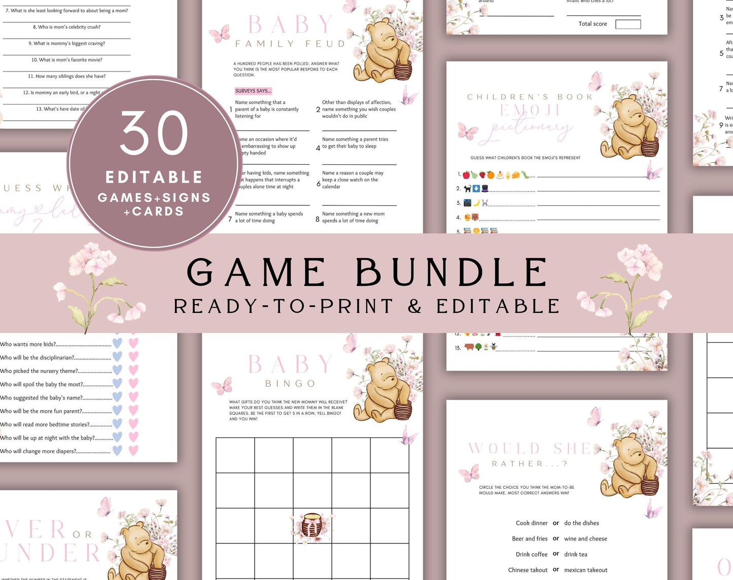 Winnie the Pooh Baby Shower Invitation Set, editable Canva template