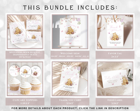 teddy bear, boho and pink baby shower invitation suite with printable insert cards