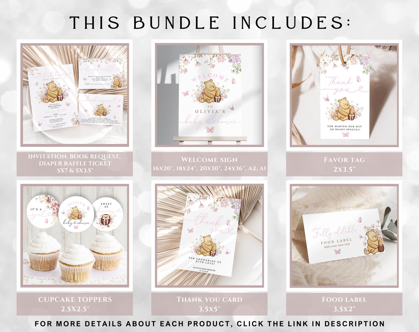 teddy bear, boho and pink baby shower invitation suite with printable insert cards