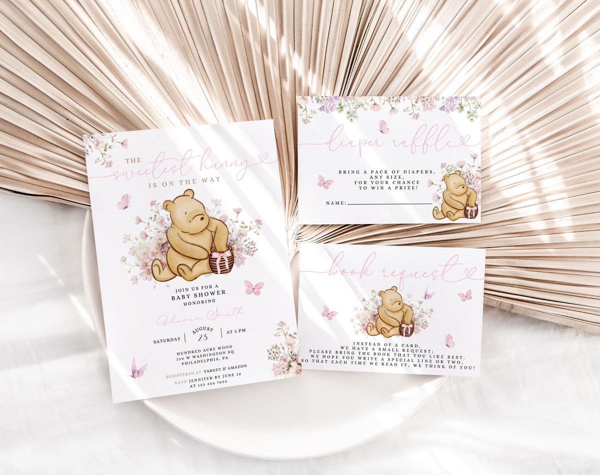 Pink Pooh Baby Shower Invitation Set, editable Canva template