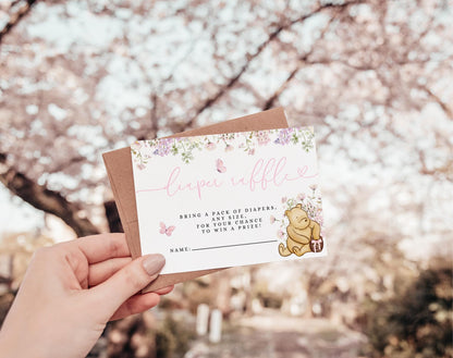 Pink Pooh Baby Shower Invitation Set, editable Canva template