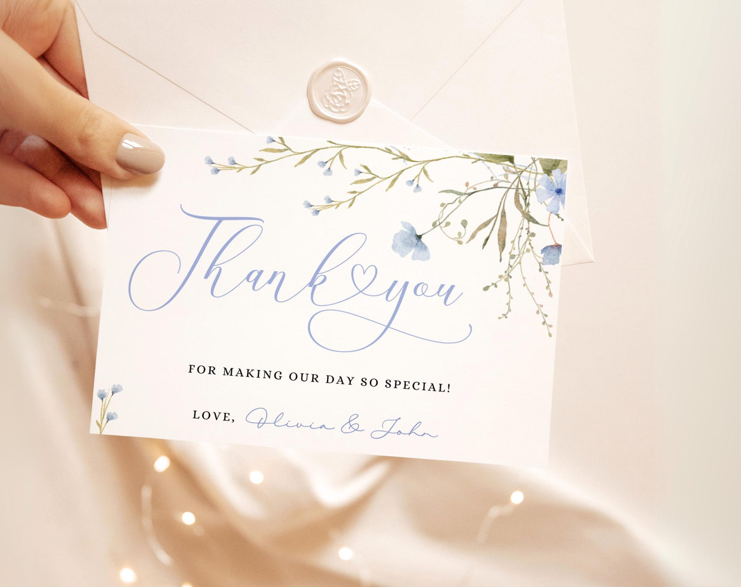 Blue Wildflower Baby Shower Invitation Set, editable Canva template