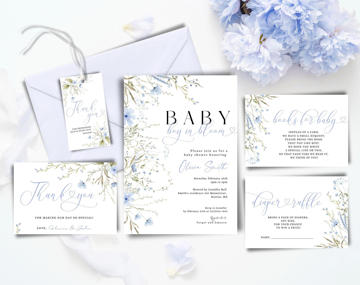 Baby Shower invitation set with invitation, books for baby card, diaper raffle ticket and thank you card