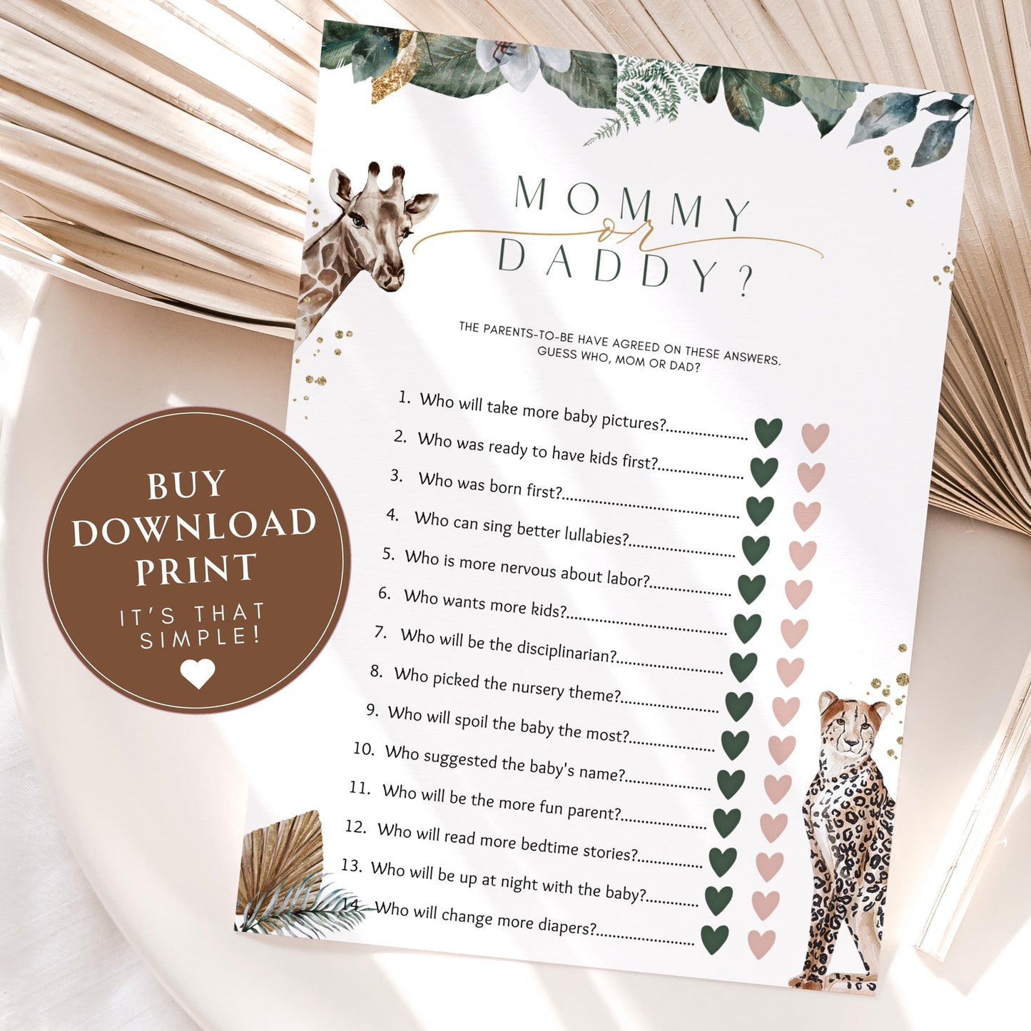Mom or Dad Baby Shower Game - Safari for baby shower party decor and supplies