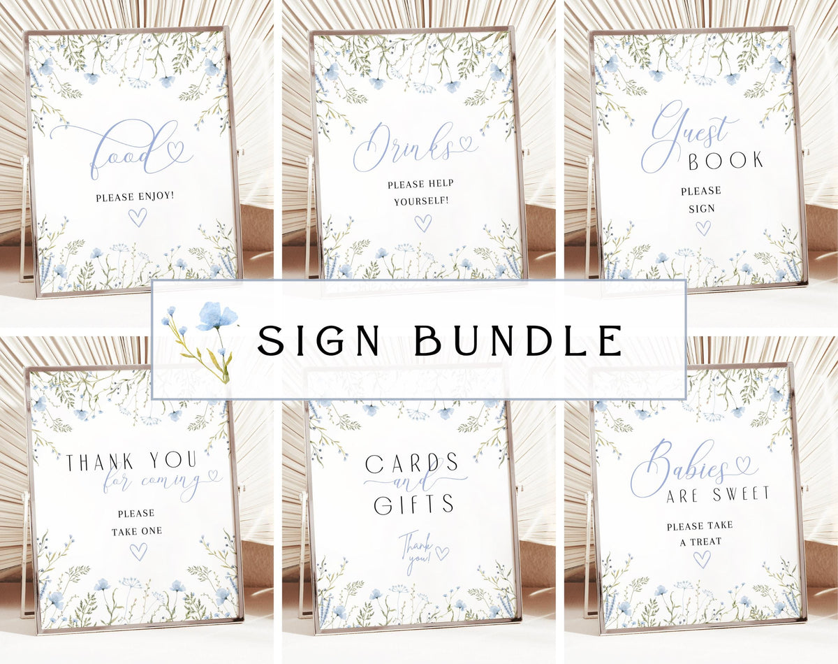 Six blue wildflower baby shower signs for food, drinks, guest book, favors, gifts and treats