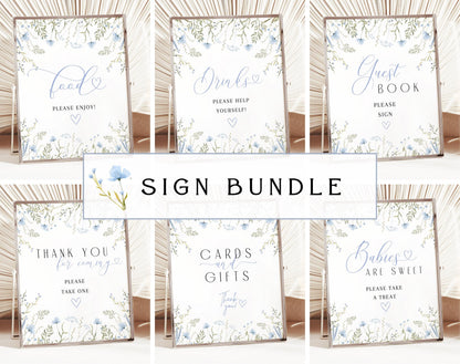 Six blue wildflower baby shower signs for food, drinks, guest book, favors, gifts and treats