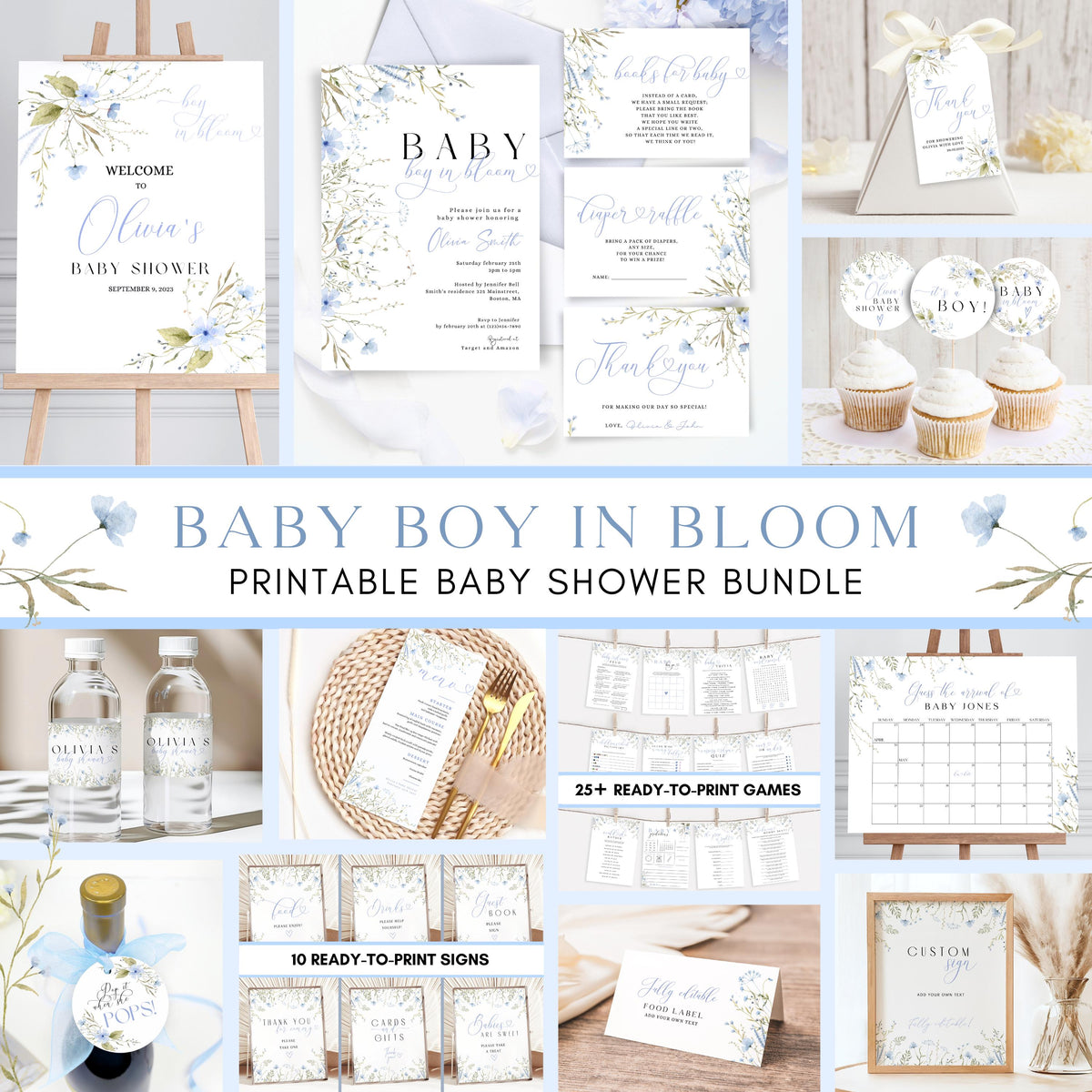 Baby in Bloom baby shower bundle with invitations games signs favors and party supplies