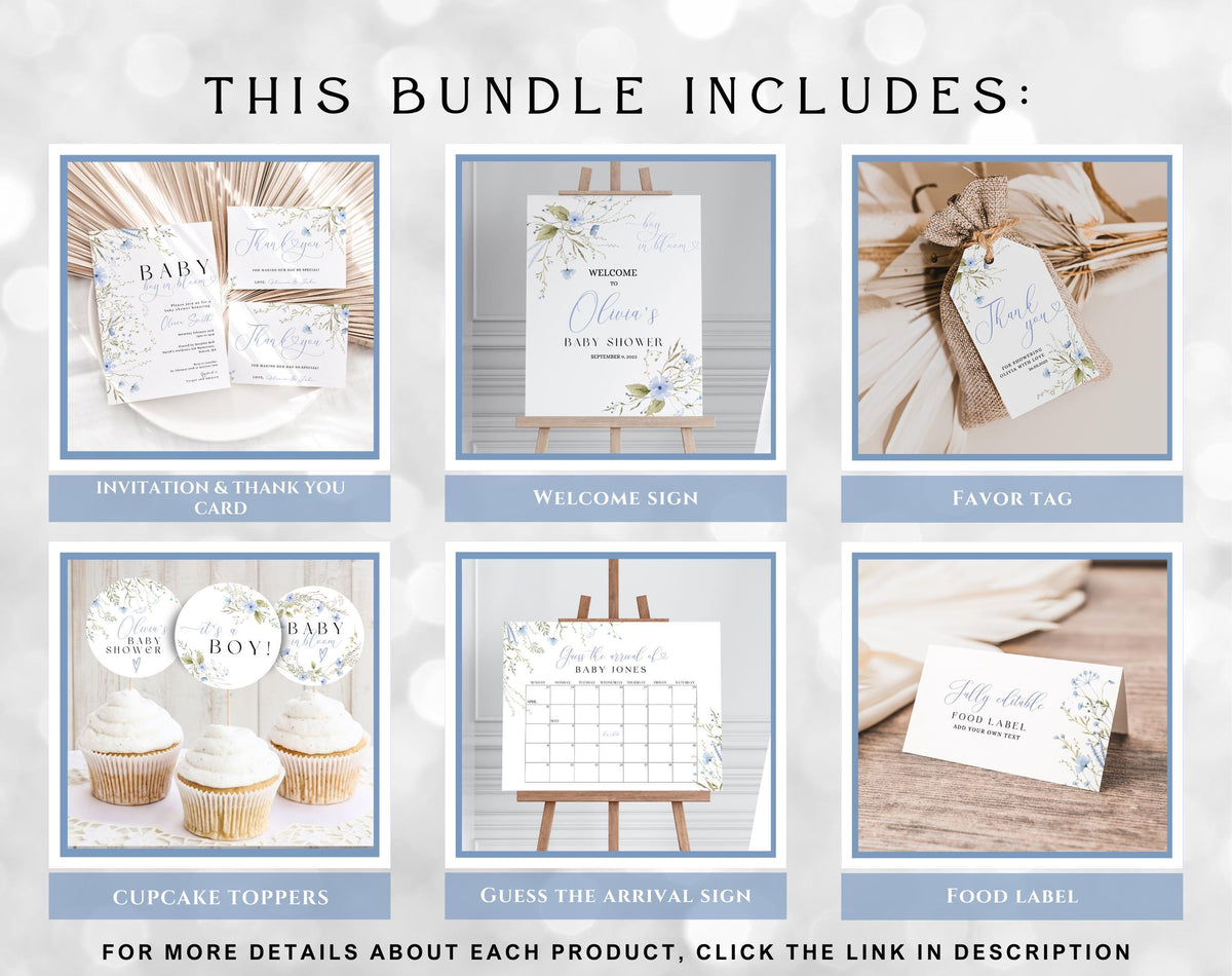 Baby Boy in Bloom bundle with blue wildflower invitations, signs, favor tags and table decorations