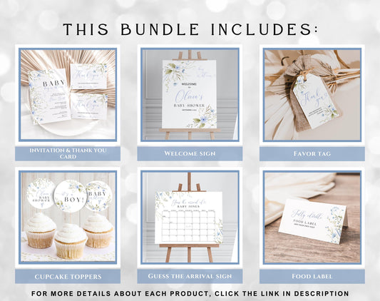 Baby Boy in Bloom bundle with blue wildflower invitations, signs, favor tags and table decorations