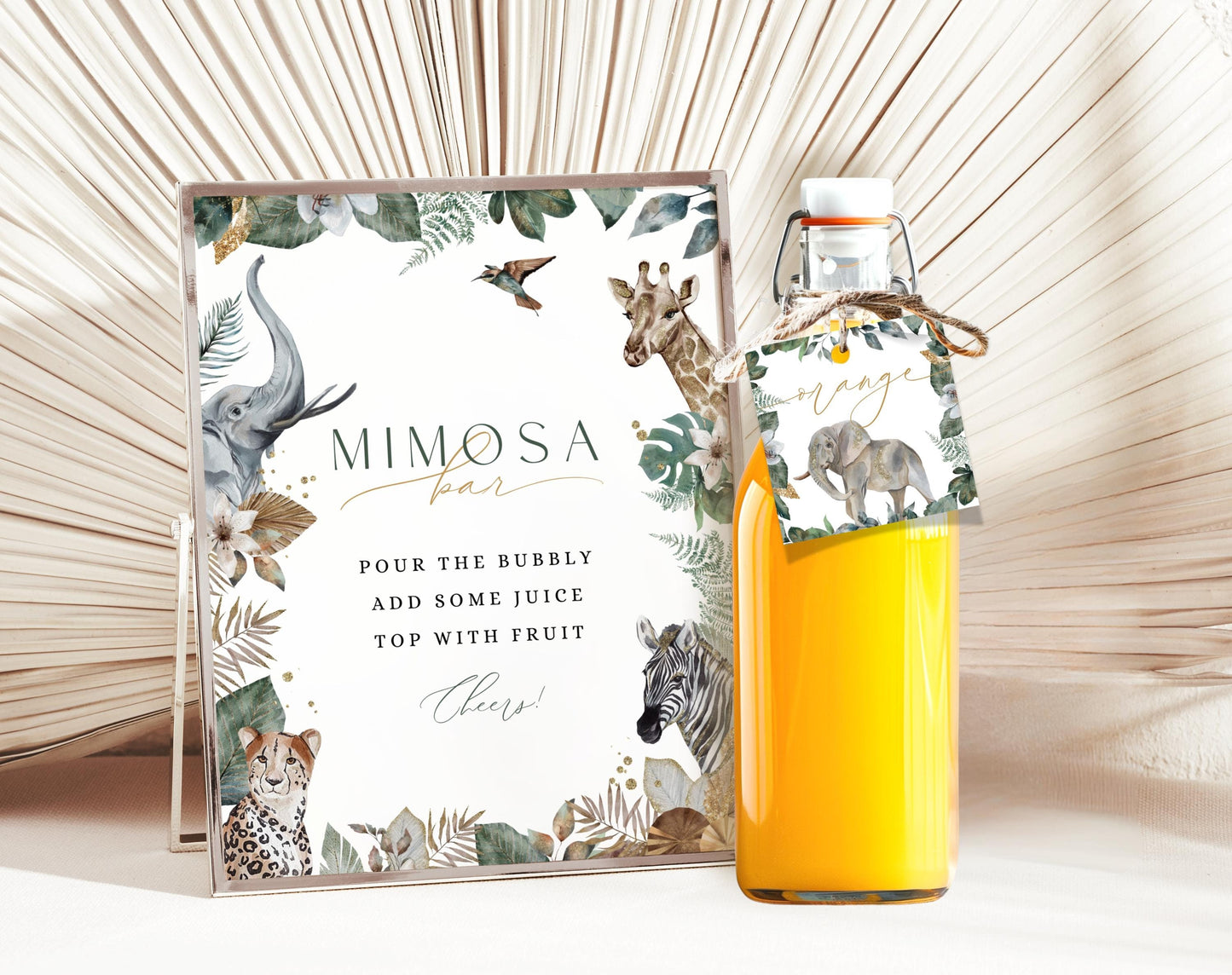 Baby Shower mimosa bar set with drink station sign and juice tags