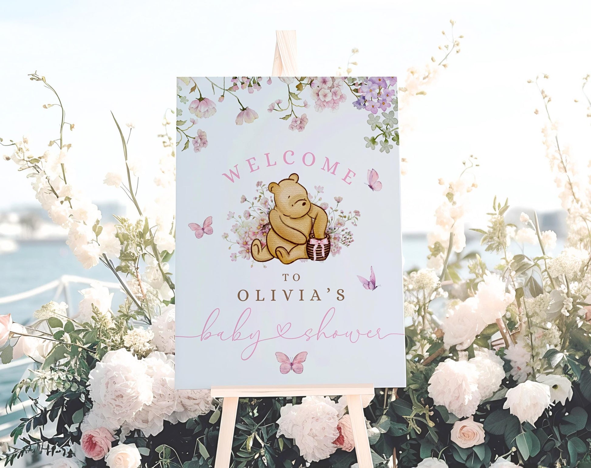 pink, wildflower and floral baby shower welcome sign printable for a themed celebration
