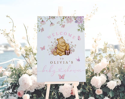 pink, wildflower and floral baby shower welcome sign printable for a themed celebration