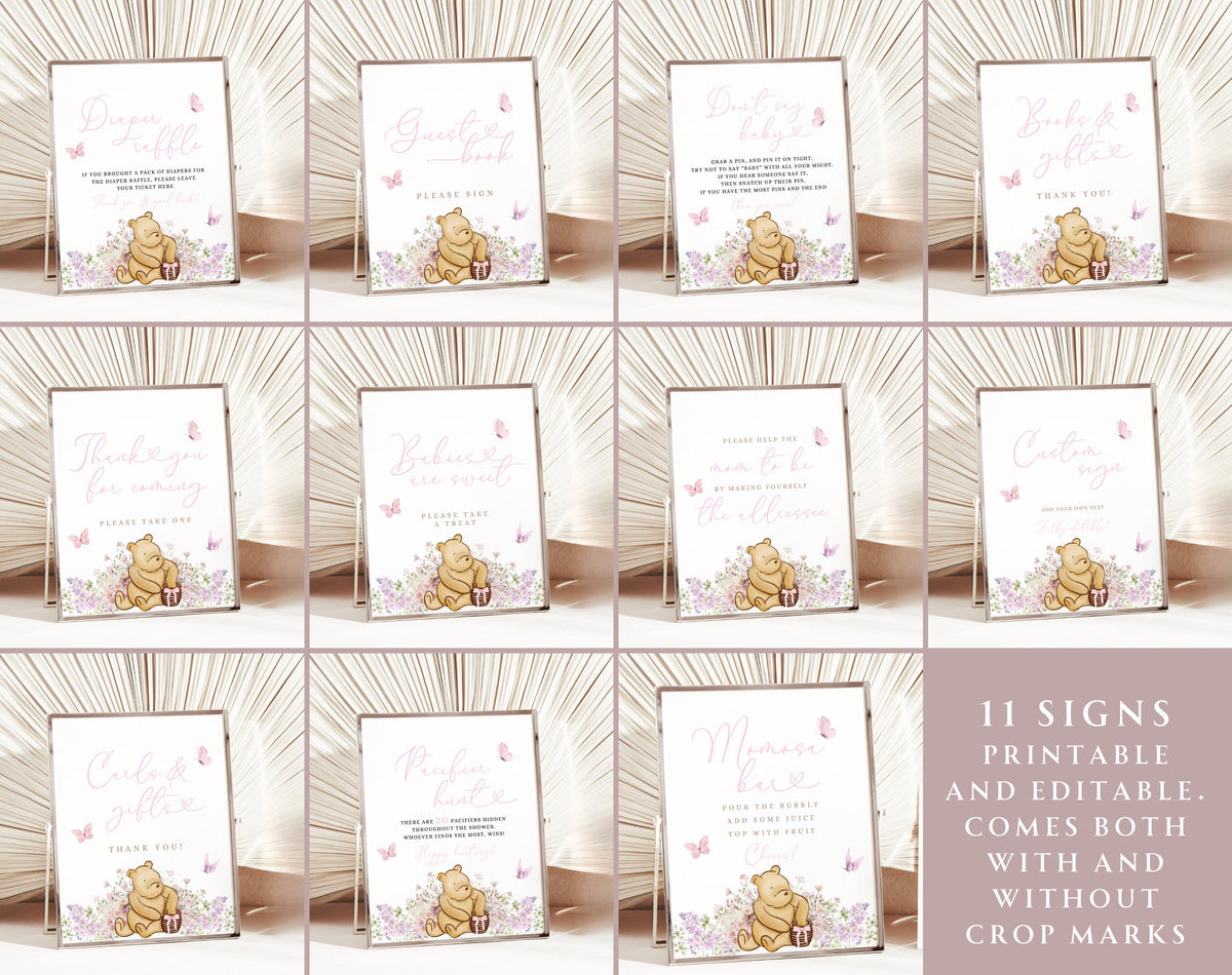 Winnie the Pooh Baby Shower Invitation Set, editable Canva template