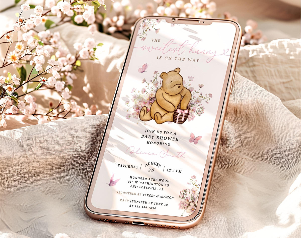 Winnie the Pooh Baby Shower Invitation Set, editable Canva template
