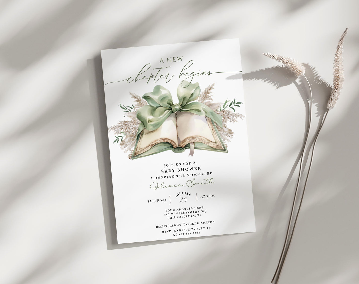 boho, green and vintage baby shower invite for a personalized celebration