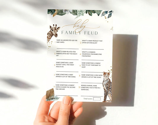wild one, giraffe, oh boy and boho safari baby shower feud game template for a personalized baby shower