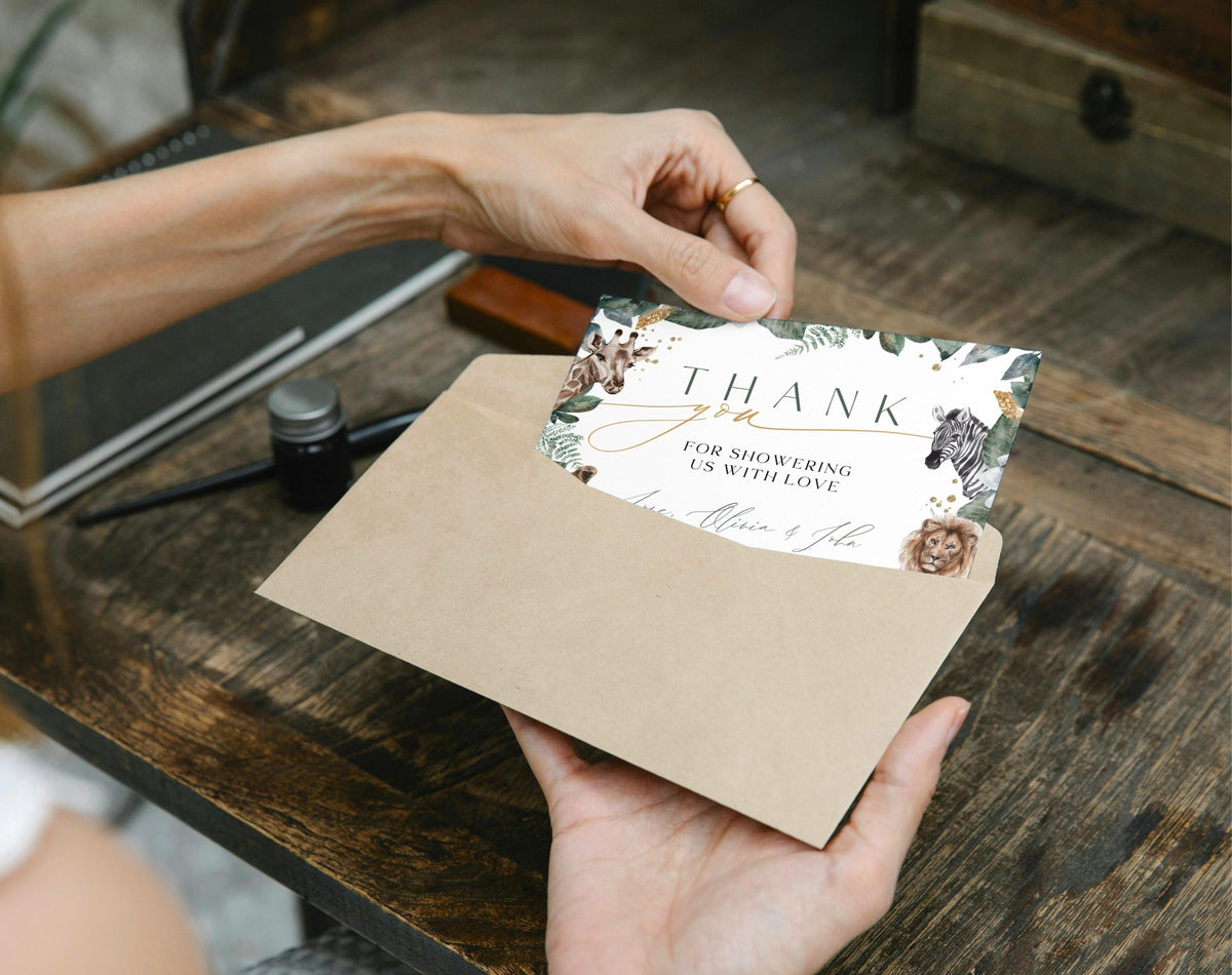 boho safari, wild one, jungle and oh boy baby shower thank you card template for personalized stationery