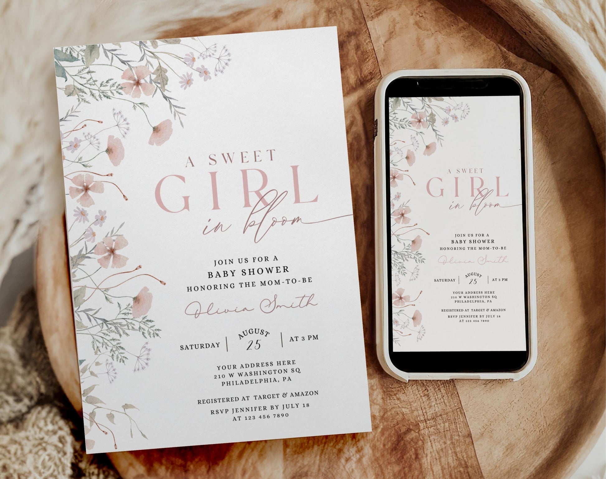 Pink wildflower baby shower invite with soft floral design