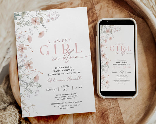 Pink wildflower baby shower invite with soft floral design