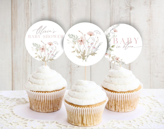 pink wildflower, floral, wildflower and pink baby shower cupcake topper template for printable decor