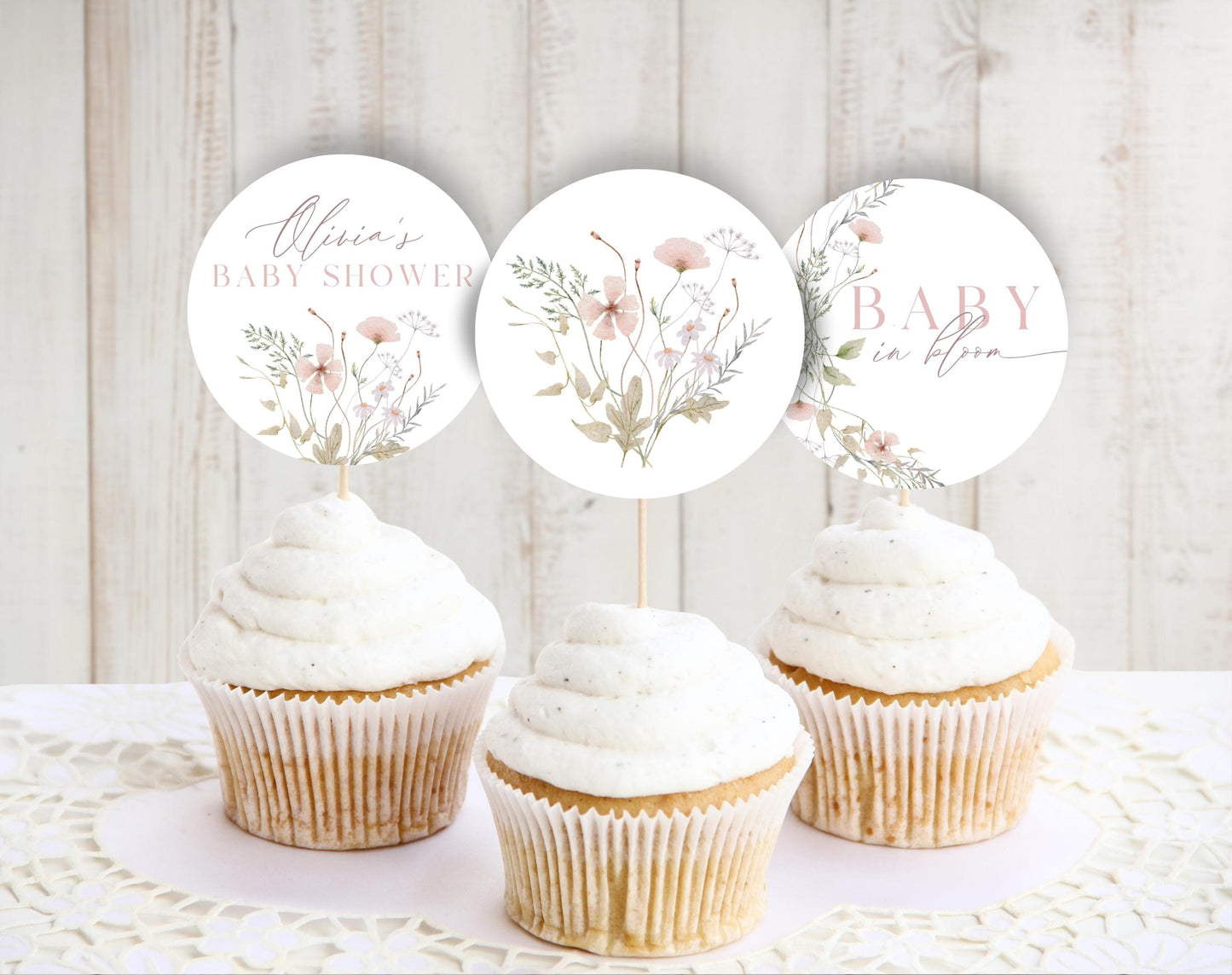 pink wildflower, floral, wildflower and pink baby shower cupcake topper template for printable decor