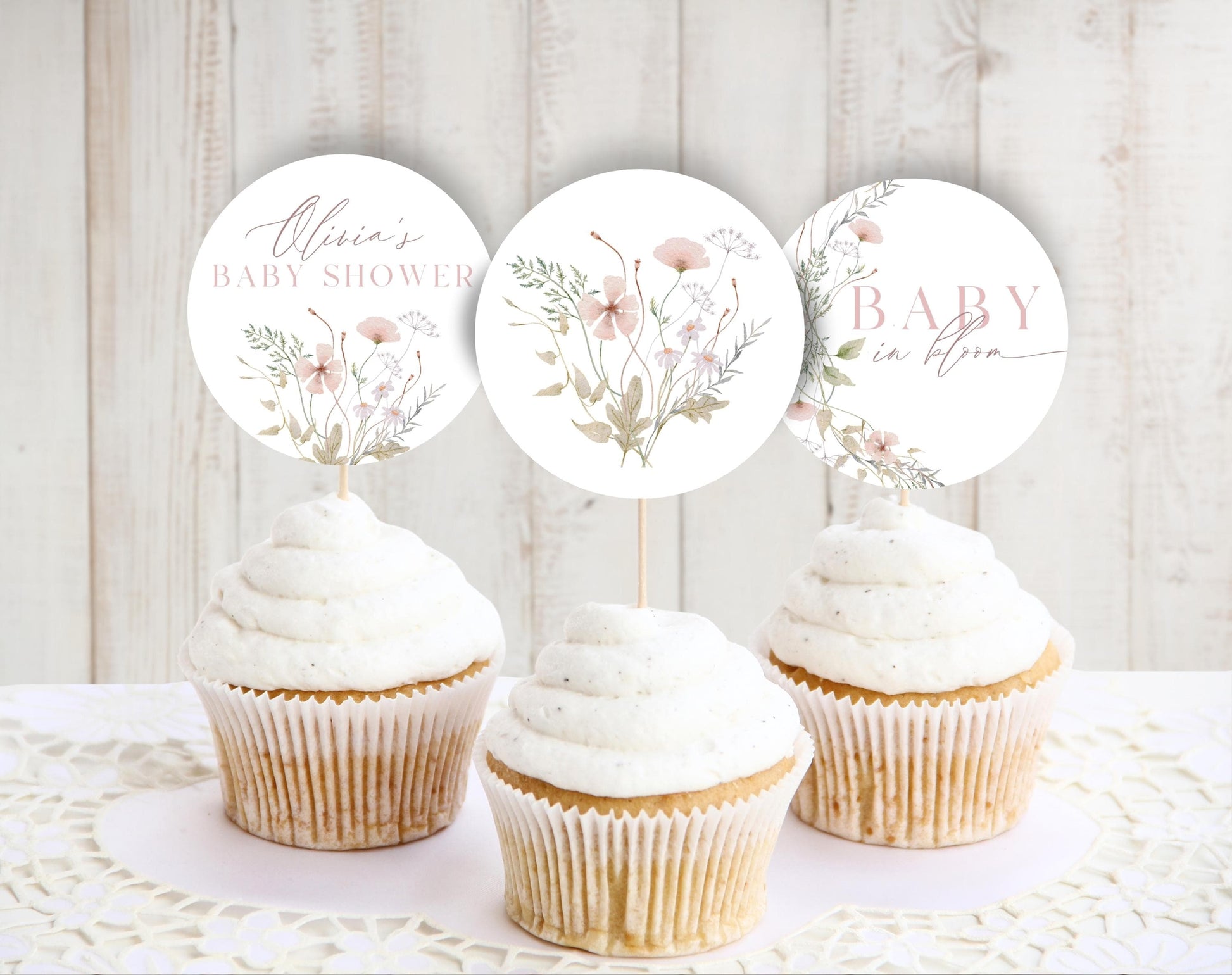 pink wildflower, floral, wildflower and pink baby shower cupcake topper template for printable decor