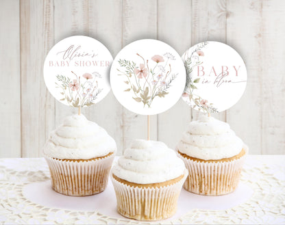pink wildflower, floral, wildflower and pink baby shower cupcake topper template for printable decor