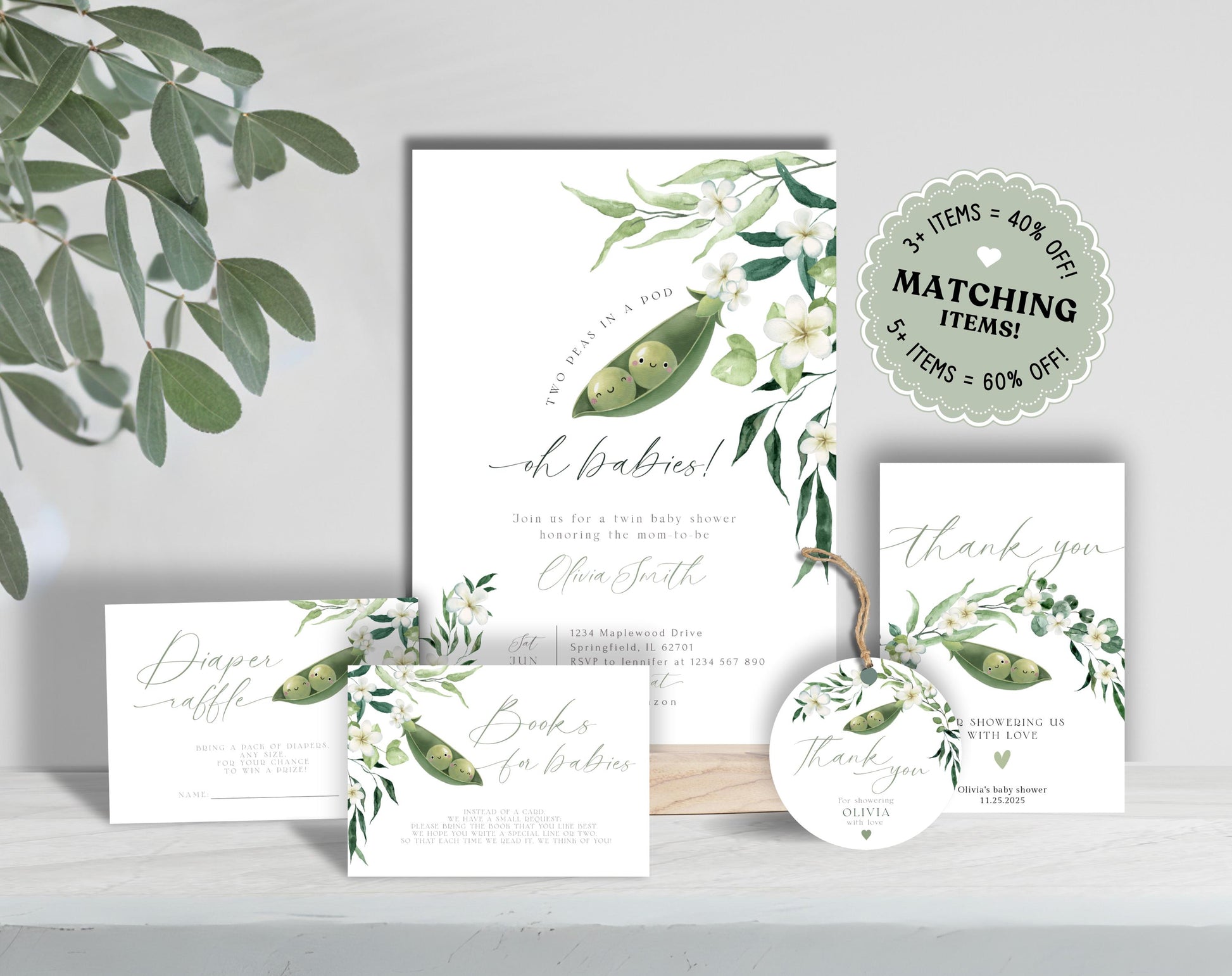 Baby Shower invitation set with invitation, books for baby card, diaper raffle ticket and thank you card