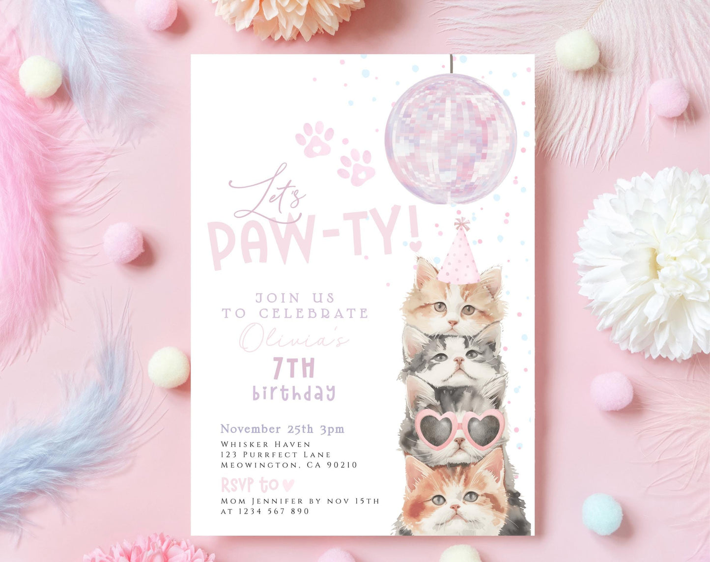 Invitation - Kitty Pawty Birthday, editable Canva template