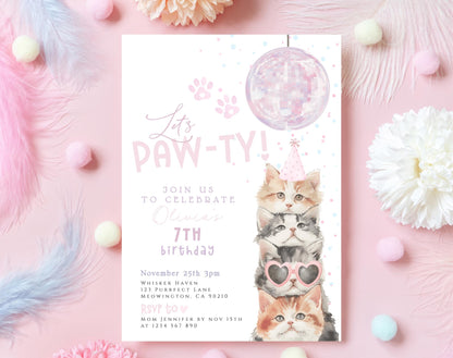 Invitation - Kitty Pawty Birthday, editable Canva template