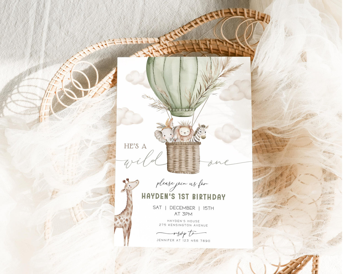 Safari 1st Birthday Boy Invitation for 1st birthday boy guests and party details