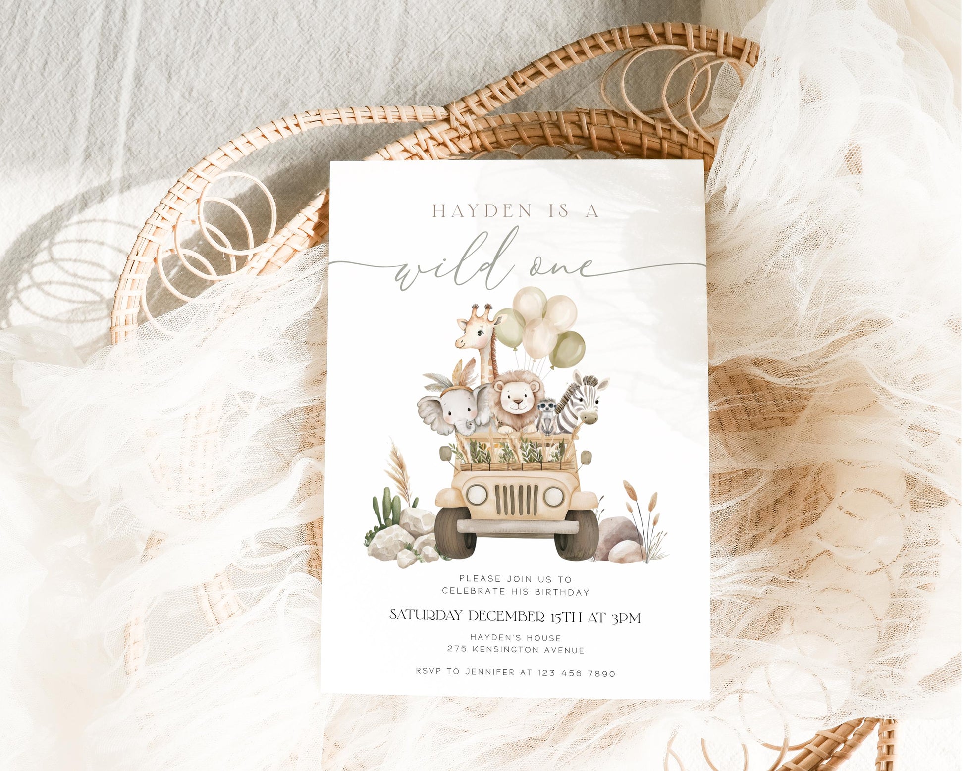 Safari 1st Birthday Boy Invitation for 1st birthday boy guests and party details