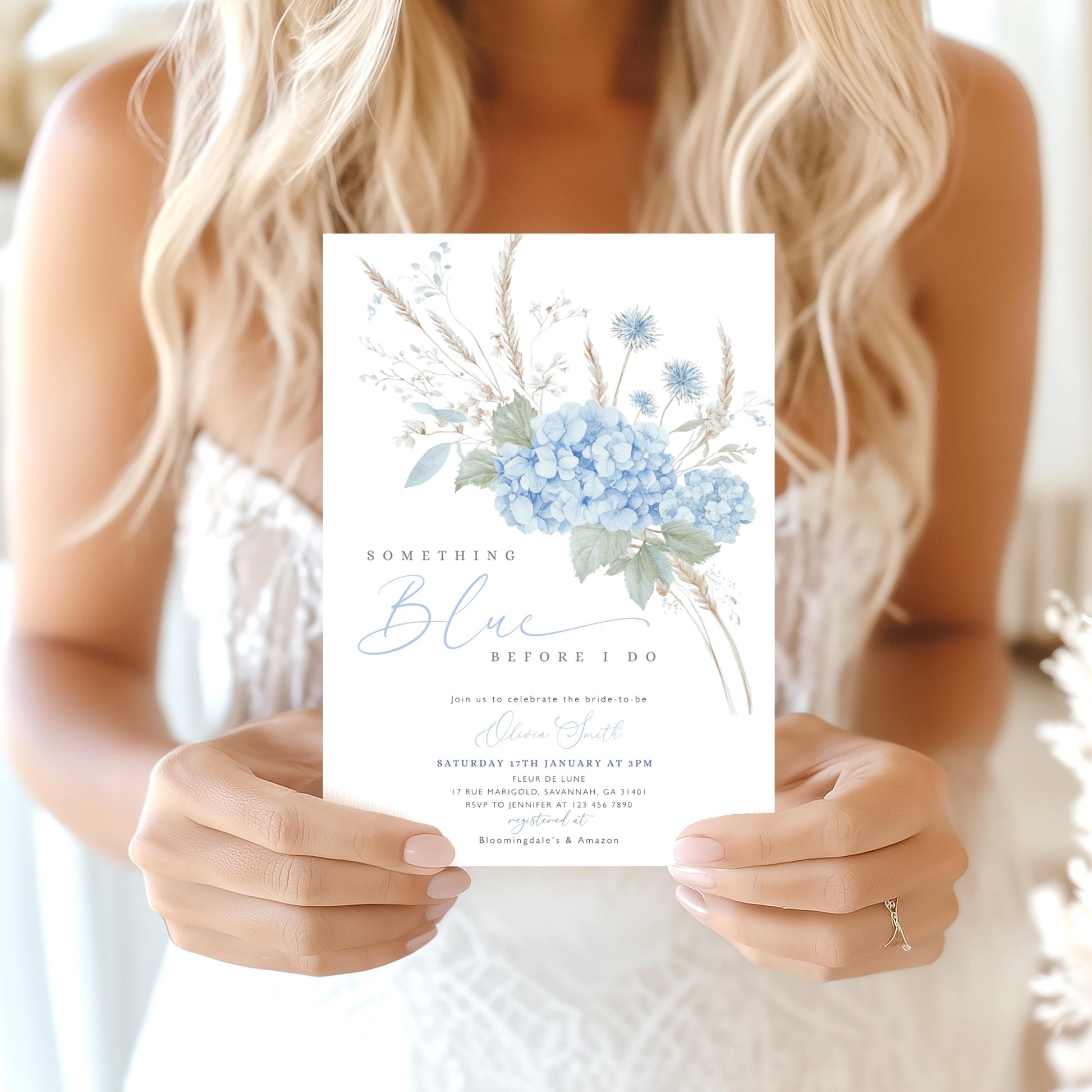 bridal brunch, floral and blue bridal shower invite for a personalized celebration