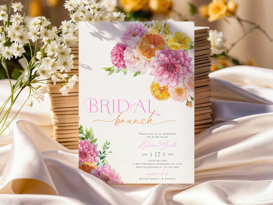 bridal brunch, citrus and floral bridal shower invite for a personalized celebration