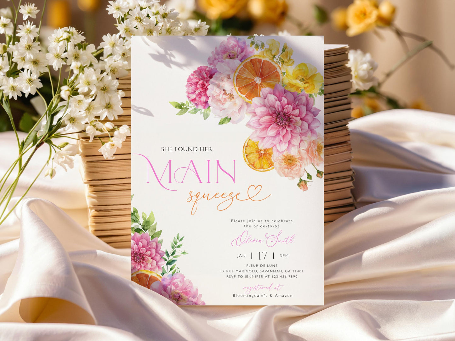 bridal brunch, citrus and floral bridal shower invite for a personalized celebration