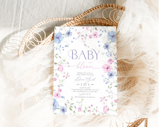 Pink wildflower baby shower invite with soft floral design