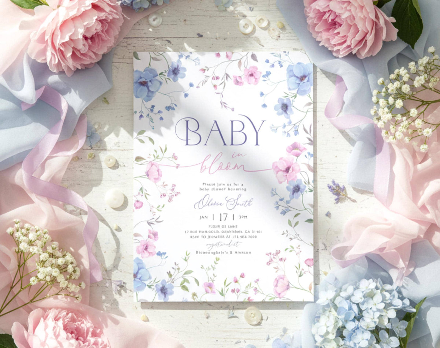 Baby in Bloom baby shower invitation for a floral girl shower