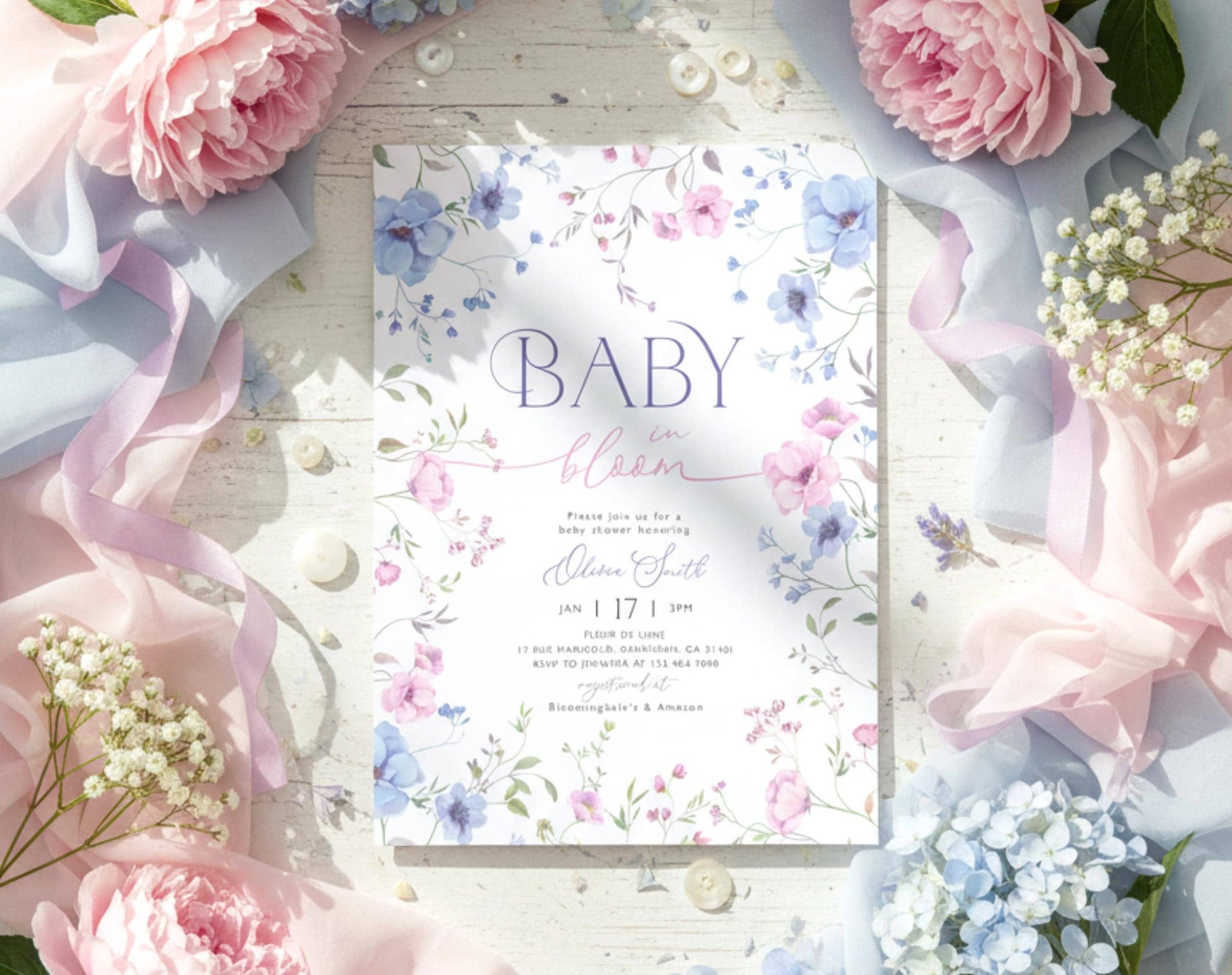 Baby in Bloom baby shower invitation for a floral girl shower