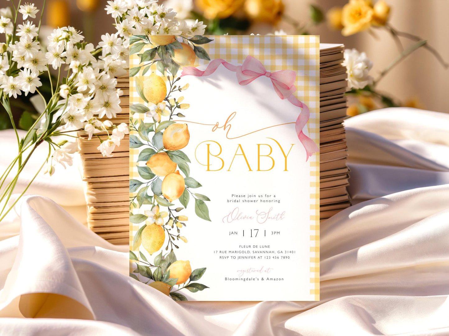 citrus, lemon, pink bow and summer shower baby shower invite for a personalized celebration